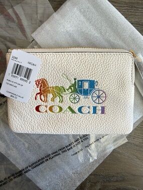 Coach White Pebbled Leather Zip Pouch with Rainbow Coach-and-Horse Logo